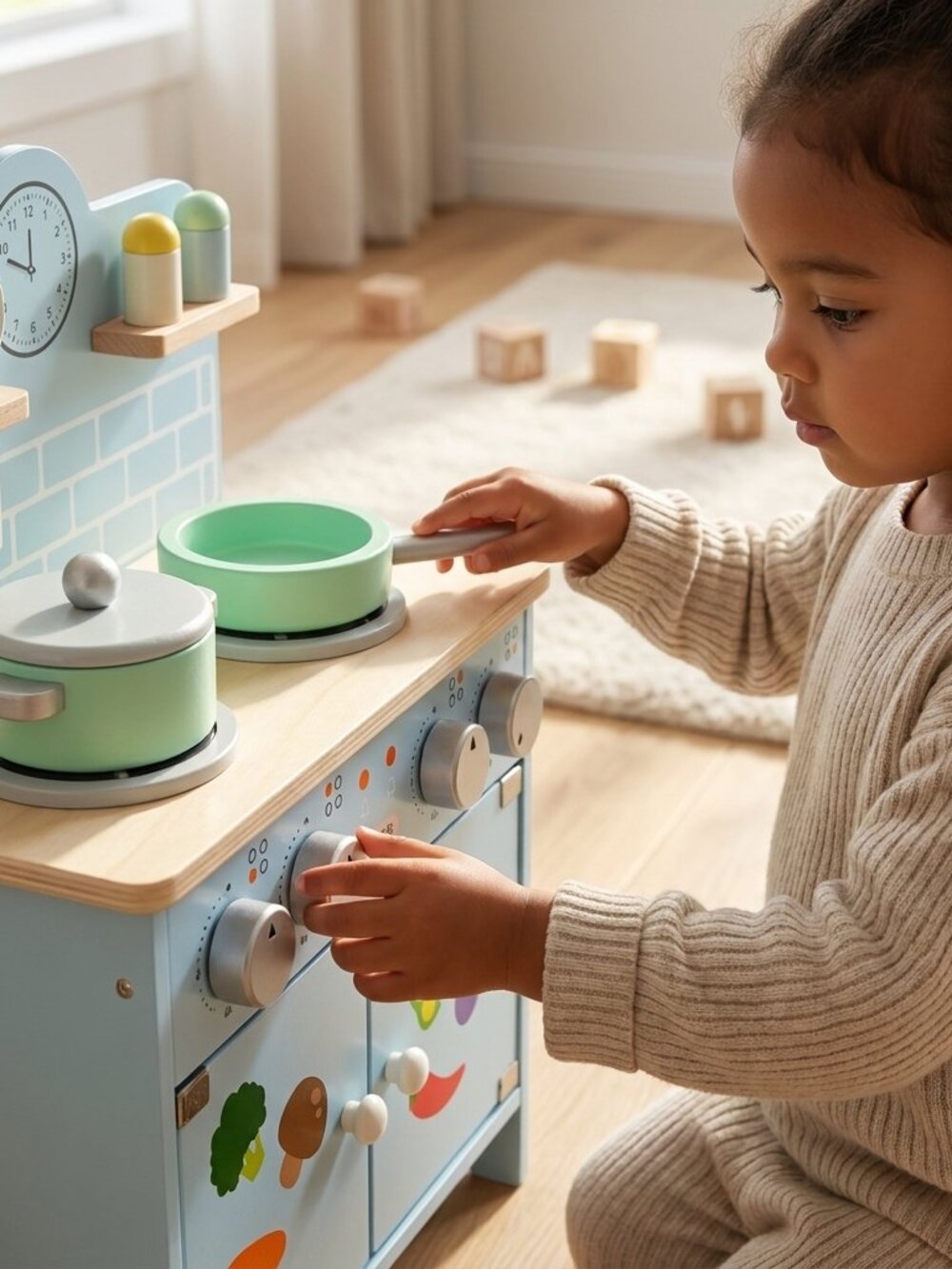 Blue Wooden Play Kitchen Set for Kids, Montessori Pretend Cooking Toy - Picture 2 of 8